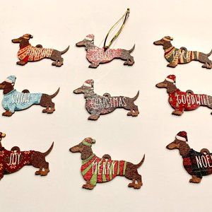 Set of nine wooden Dachshund Christmas ornaments